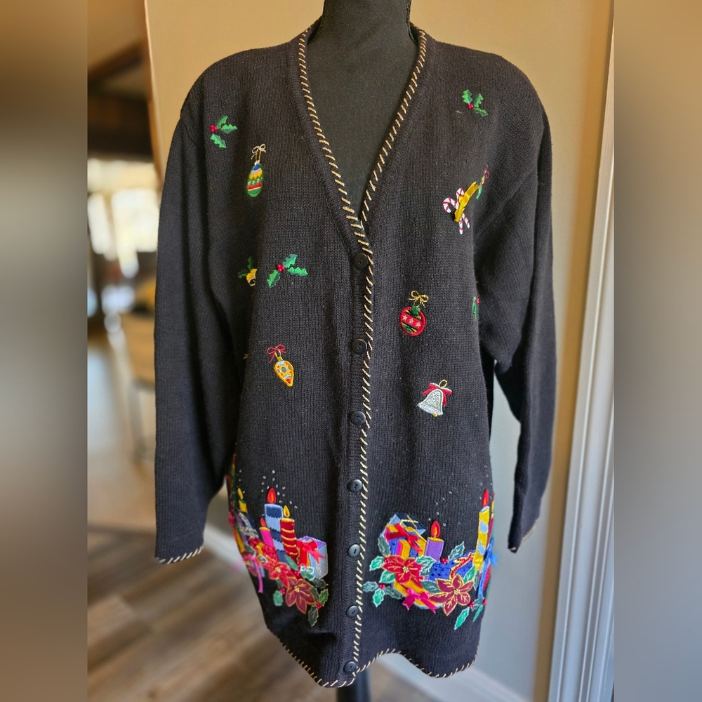 Quacker Factory Embroidered Black Cardigan Sweater
